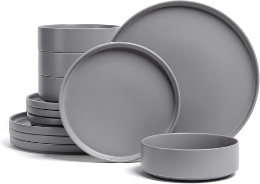 over&back 12-Piece Stackable Dinnerware Dish Set - Stoneware Dishes - Includes 4 Dinner Plates, 4 Salad Plates, 4 Cereal Bowls, and 4 Dinner Bowls - All-Occasion Place Settings - Semi-Matte Charcoal