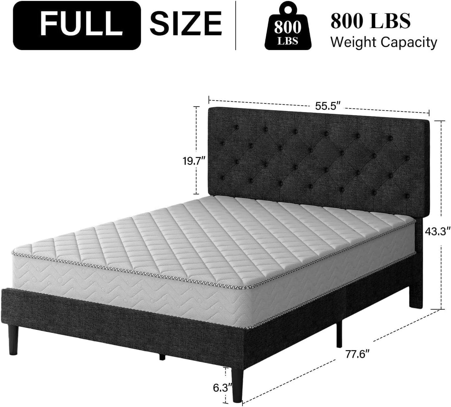 HOMBCK Full Size Bed Frame with Headboard, Linen Fabric Upholstered Bed, Grey Bed Frame with Wood Slats, Button Tufted, No Box Spring Needed, Dark Grey