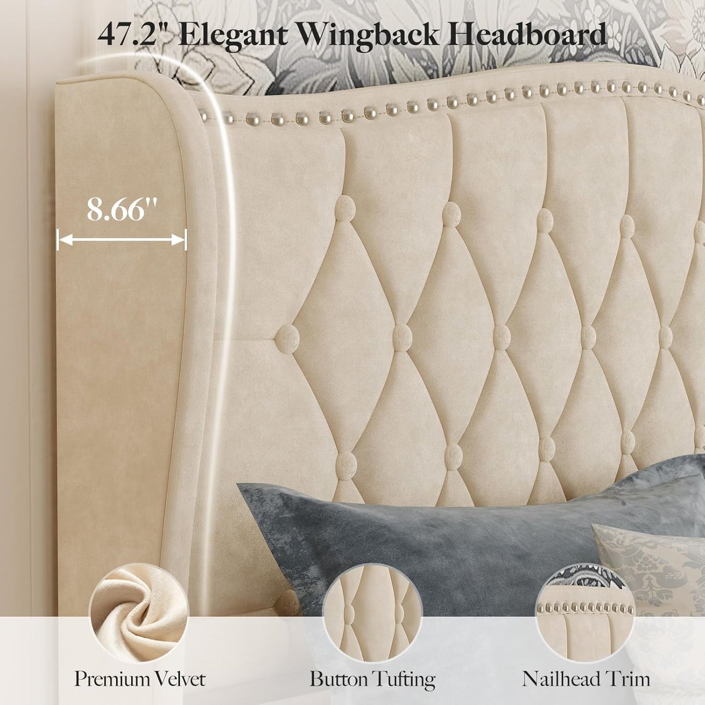 Belffin Full Size Bed Frame with Headboard, Luxury Upholstered Velvet Platform Bed with Wingback, Button Tufted & Nailhead Trim, Anti-Slide Tall Footboard, No Box Spring Needed, Noise-Free, Beige