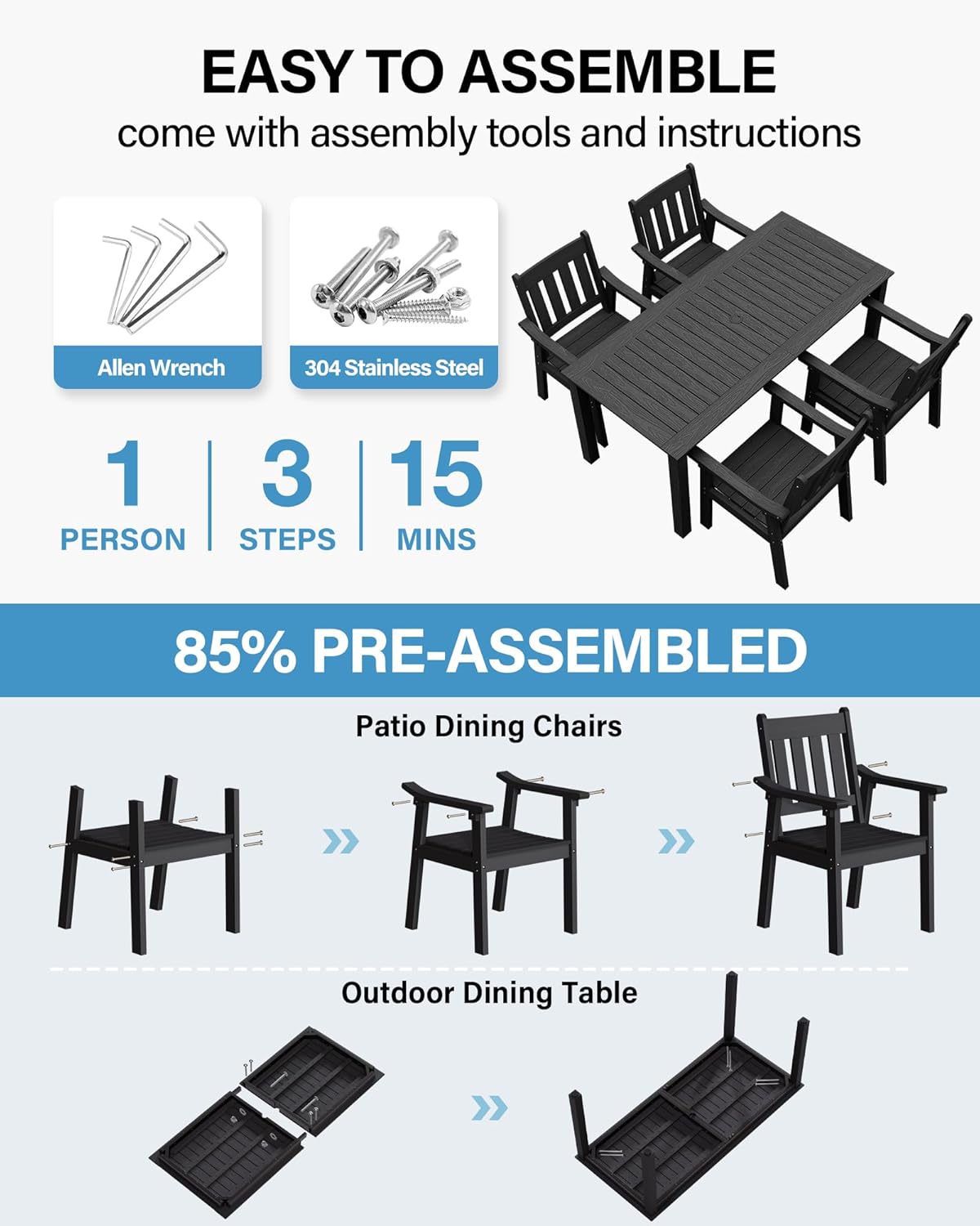 YEFU Patio Dining Chairs Set of 4: All Weather Outdoor Dining Chairs with Wide Curved Seat and Backrest - Outdoor Furniture Plastic for Outside Backyard/Garden/Porch/Deck 350lbs Capacity Black