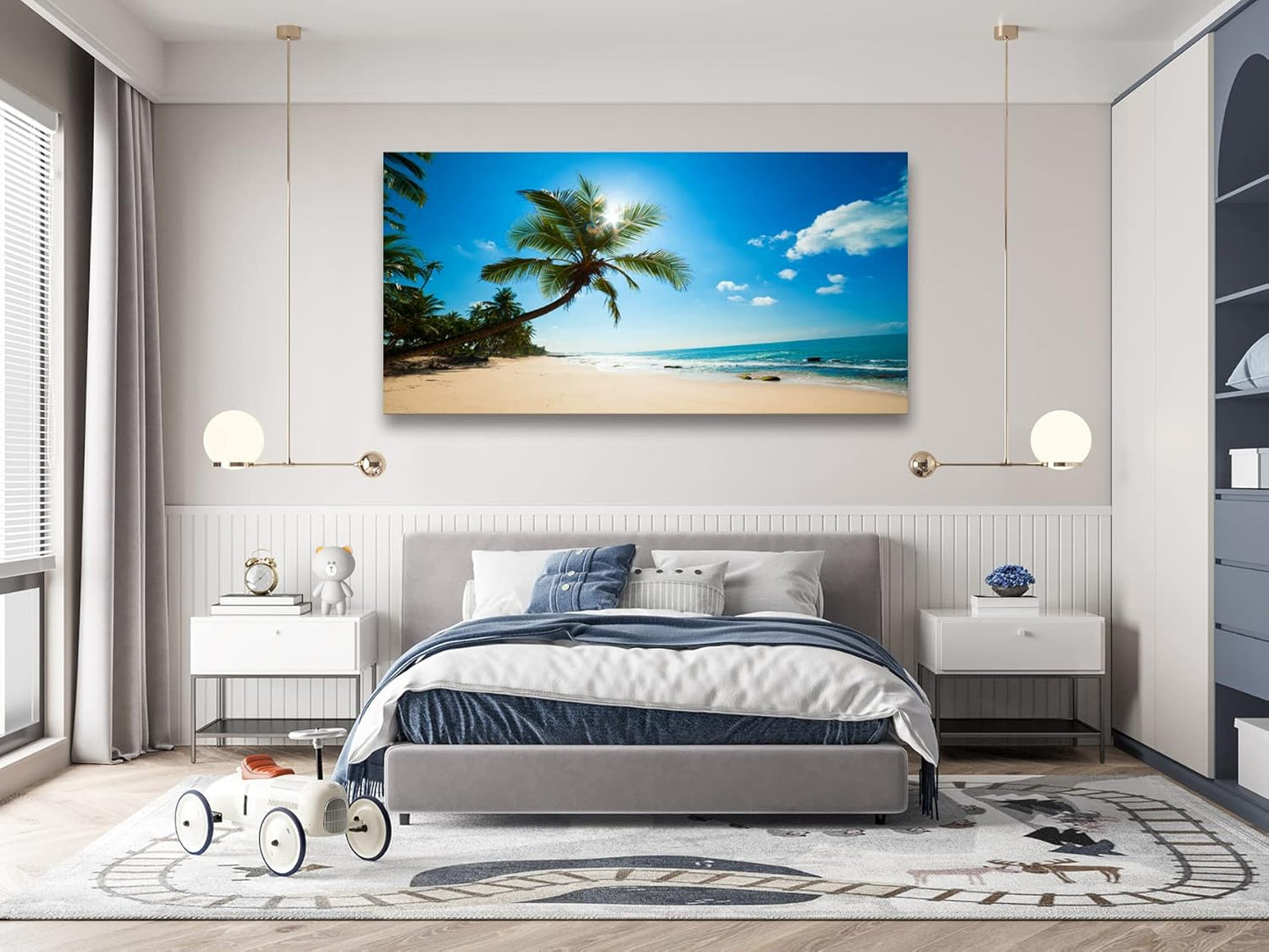 Muolunna X0675 Large Canvas Wall Art Summer Ocean Waves Prints Coconut Trees Beach Seascape Painting Hawaii Sea Nature Pictures Stretched and Framed for Living Room Home Office Wall Decor Artwork, 30x60inch x1pcs