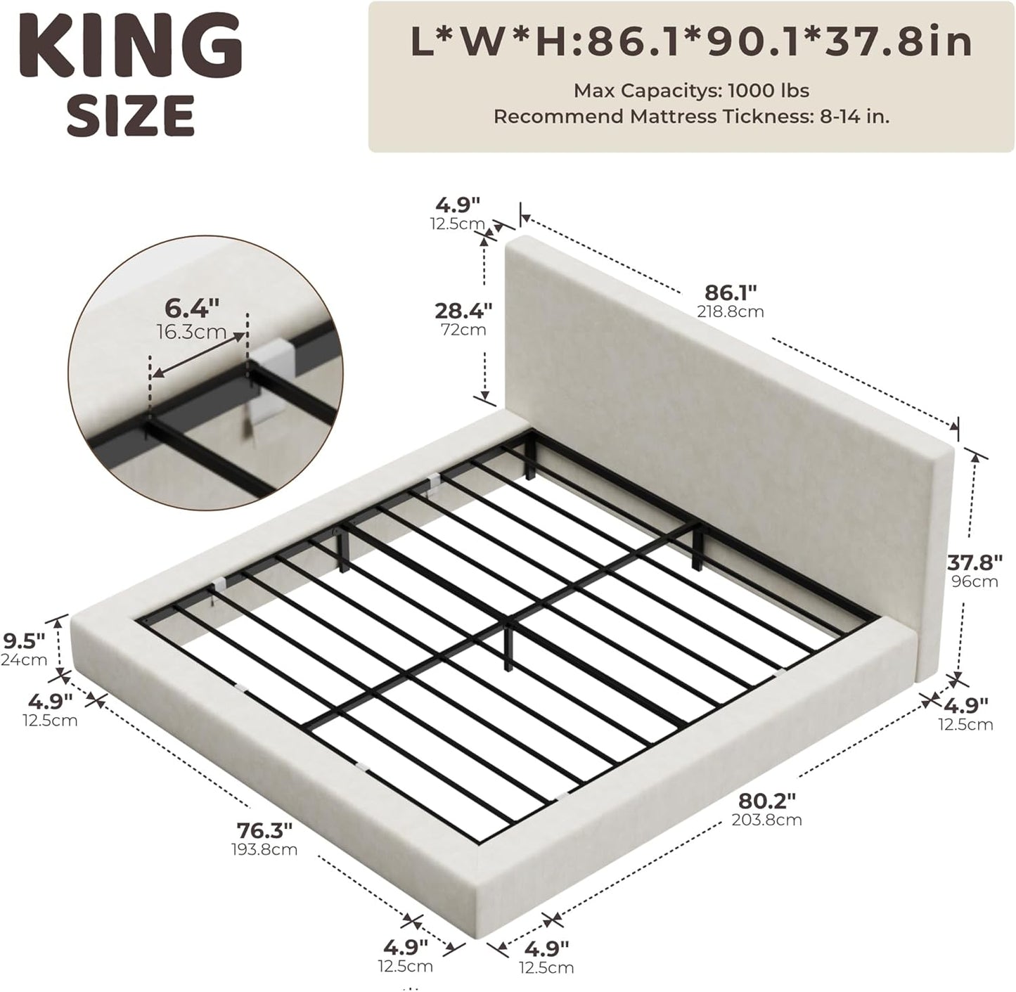 RECCI Cloud Upholstered King Bed Frame with Headboard, 5 Inch Foam Padded Platform, No Box Spring, Easy Assembly (Cream)