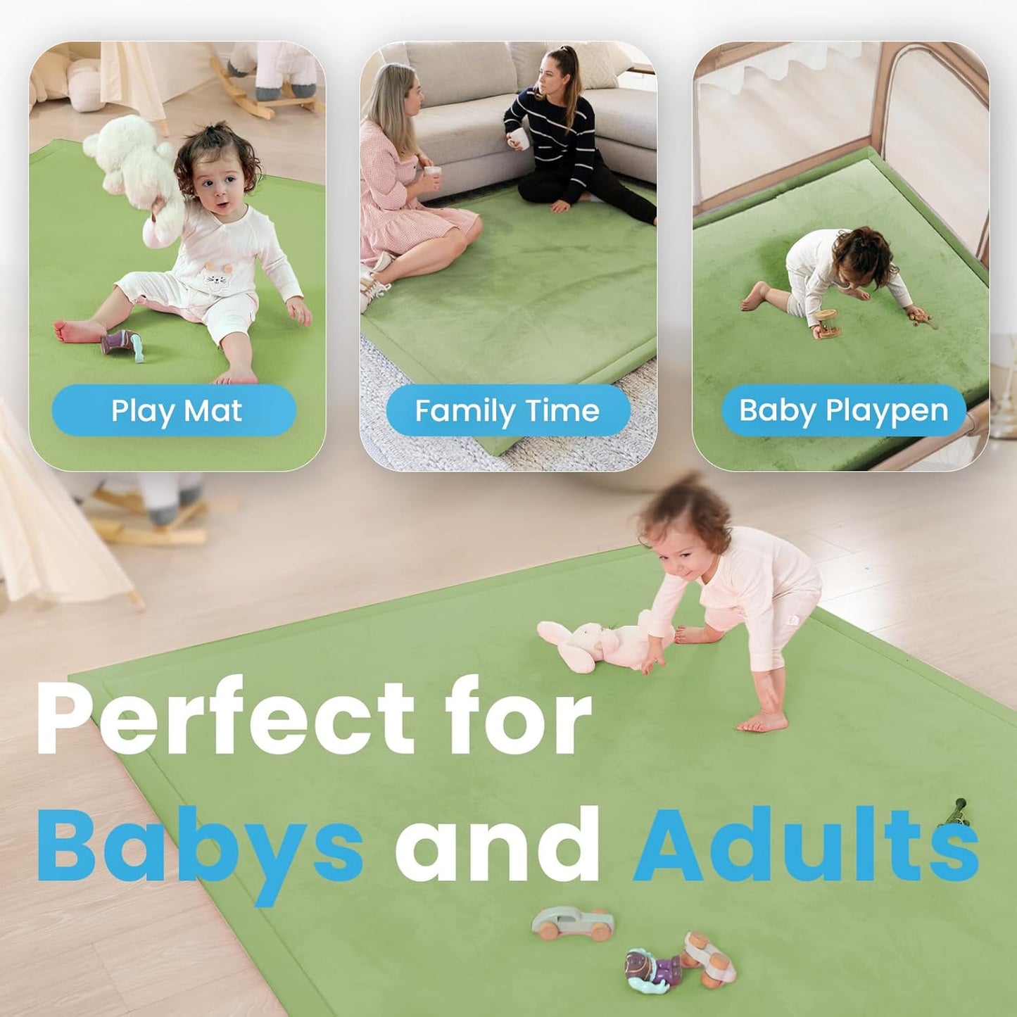 1.3" Thick Baby Play Mat for Floor, 39x59 Foam Tummy Time Mat, Padded Support Soft Plush Nursery Rug for Infant Kids Toddler Crawling Kick Activity (Olive Green)