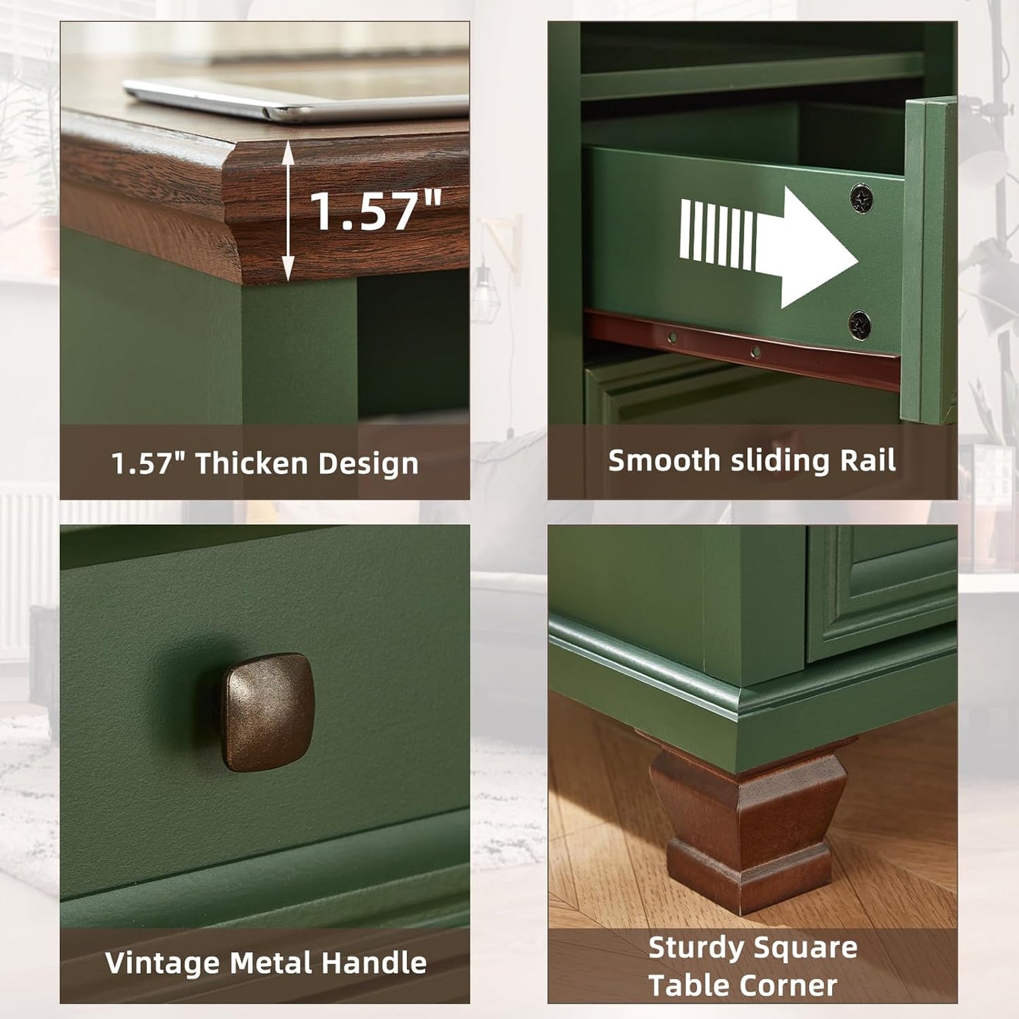 Farmhouse Nightstand with Charging Station, Rustic Green Nightstand,2 Drawers End Table for Living Room,Bedside Table with Open Shelf for Bed Room,Green