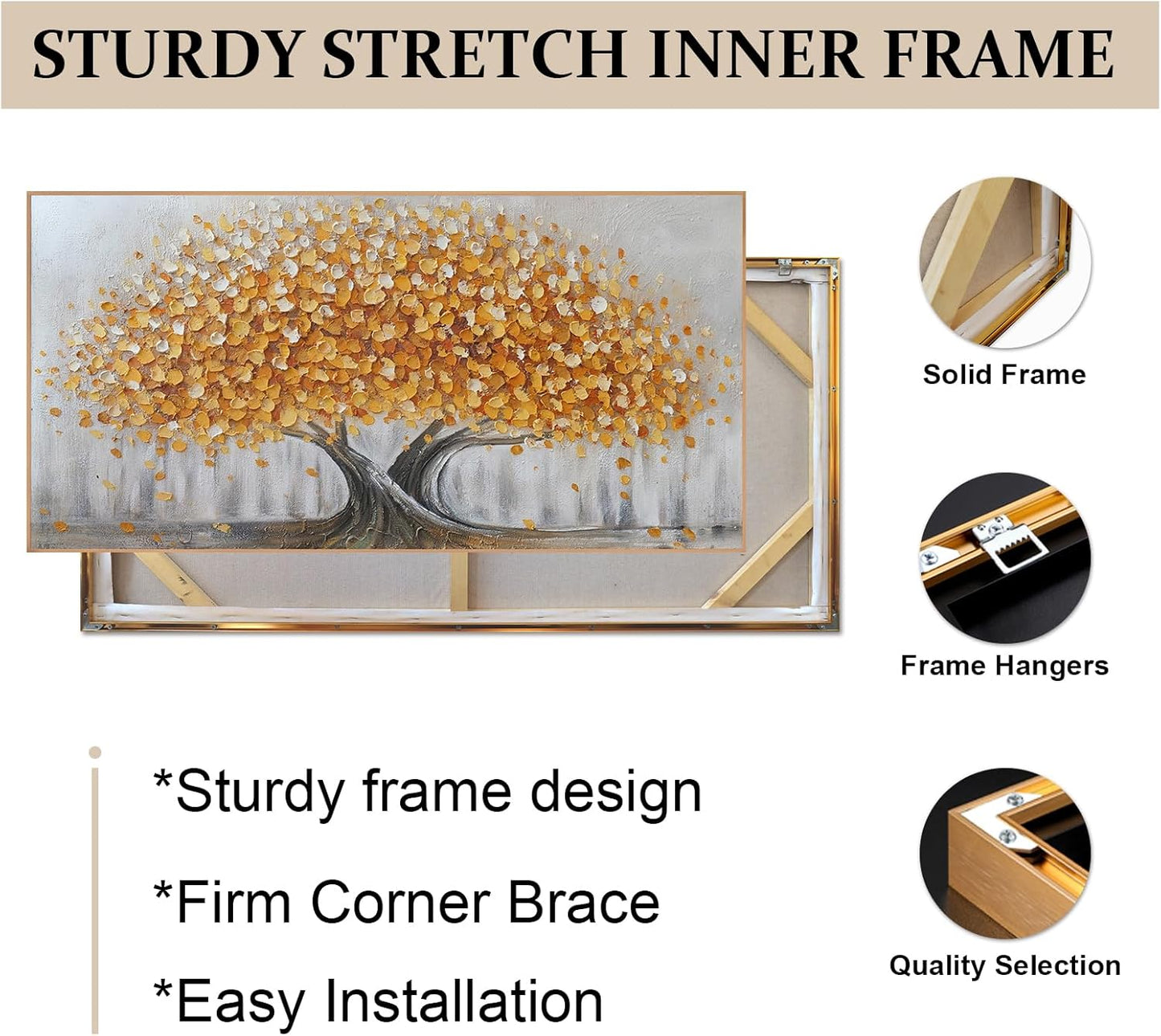 Gold Tree of Life Canvas Wall Art, Modern Abstract Textured Painting, Large Framed Panoramic Landscape Artwork for Living Room, Bedroom, Office, Home Decor 48"x24"