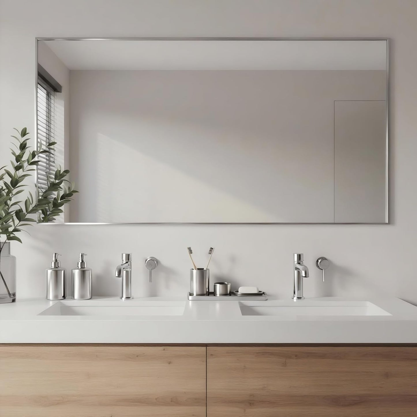 20x40 Inch Nickel Bathroom Mirror for Wall, Aluminum Frame Rectangle Rectangular Vanity Mirror, Modern Large for Bedroom, Living Room, Horizontal or Vertical