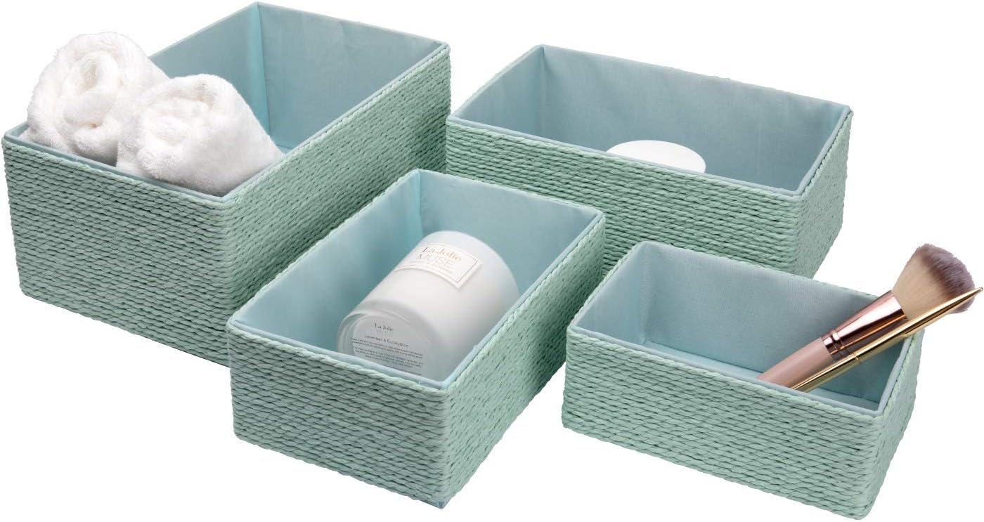 LA JOLIE MUSE Storage Baskets Set 4 - Stackable Woven Basket Paper Rope Bin, Storage Boxes for Makeup Closet Bathroom Bedroom (Light Green)