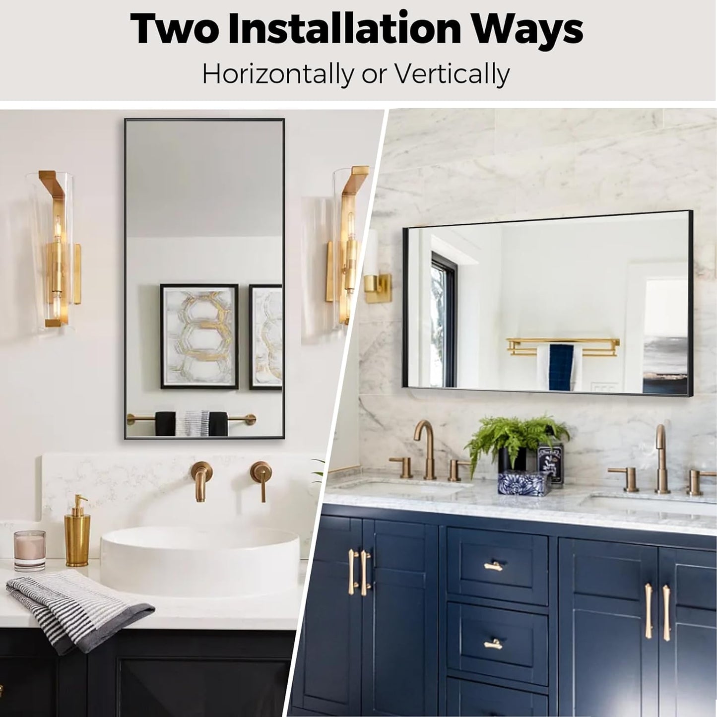 20x40 Inch Black Bathroom Mirror for Wall, Aluminum Frame Rectangle Rectangular Vanity Mirror, Modern Large for Bedroom, Living Room, Horizontal or Vertical