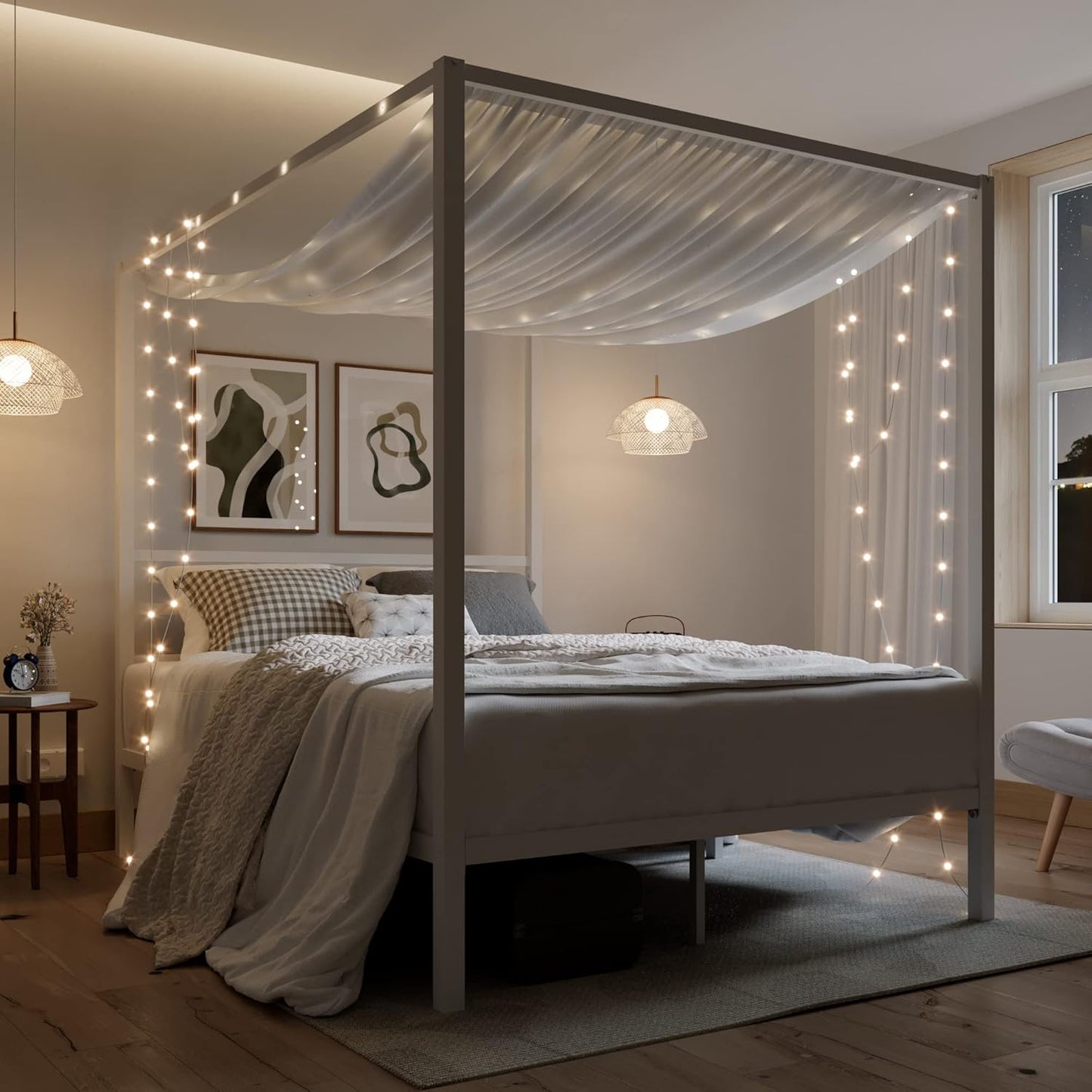 ikalido Queen Size Metal Canopy Bed Frame, Modern Four-Poster Platform Bed Frame, Mattress Foundation with Metal Slat Support/Under-Bed Storage Space/No Box Spring Needed/White