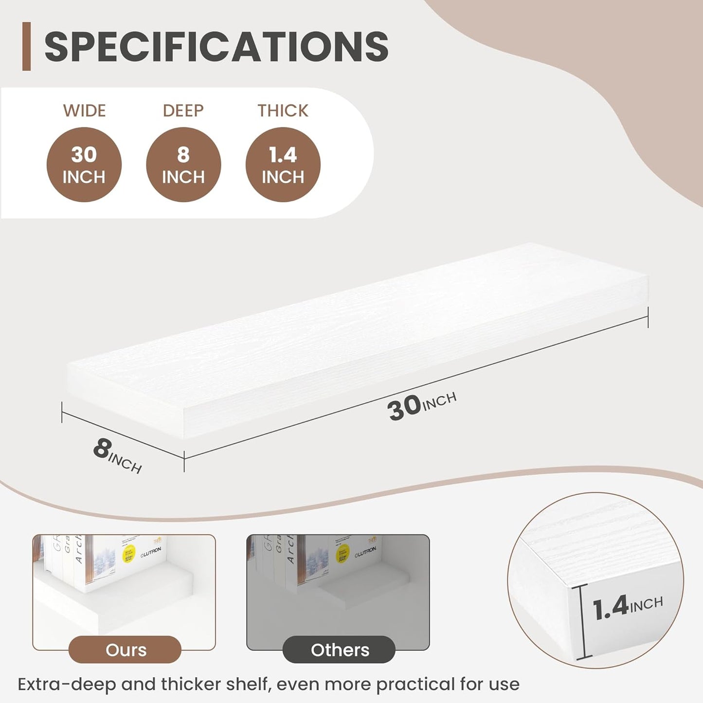 30 Inch Floating Shelves, 8 Inch Deep Floating Shelves for Wall, Hanging Shelf with Invisible Brackets, Deep Shelves for Bathroom, Bedroom, Living Room, White, Set of 2