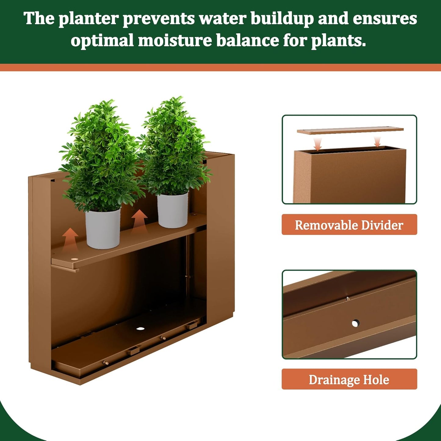 Large Rectangle Planter Metal Brown Planter Box with a Drainage Hole and a Removable Divider Indoor Outdoor Porch Pots for Tall Plants, Trees, Flowers 29.92" x 12.01" x 24.02" Brown