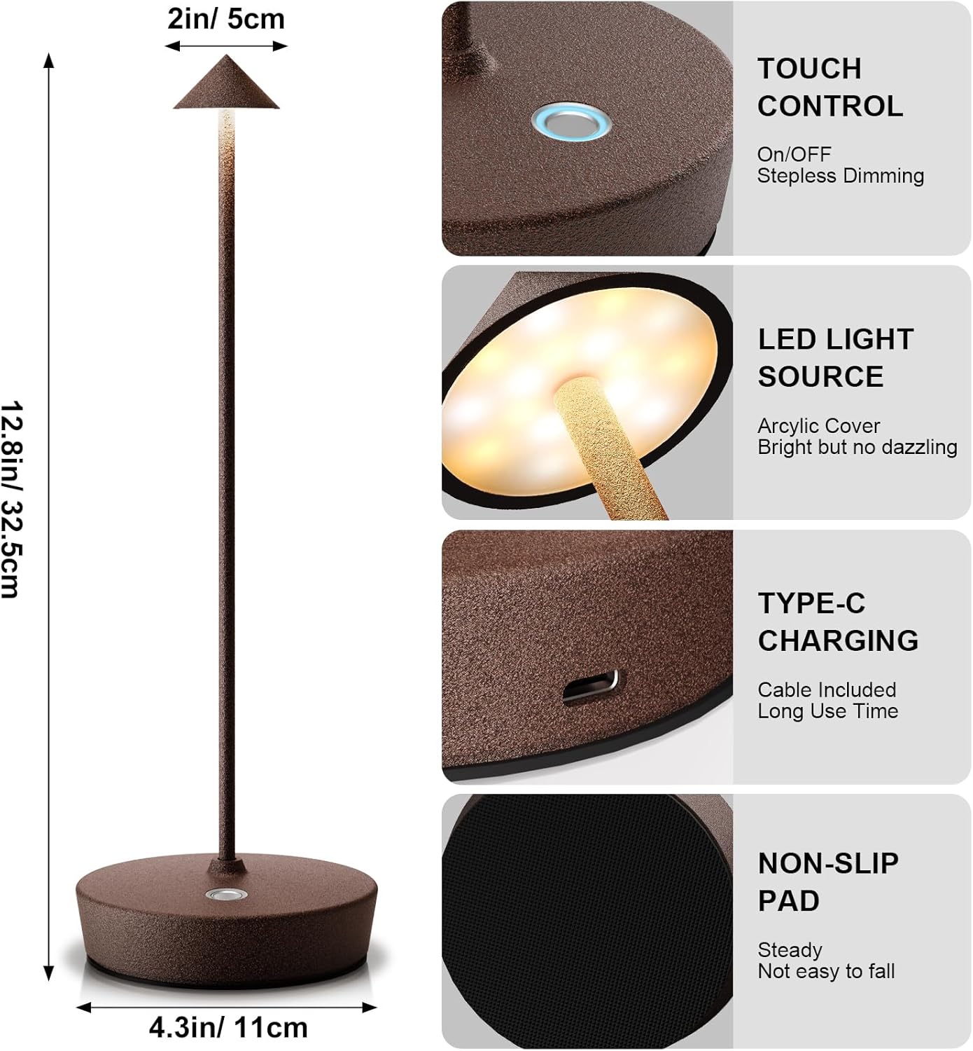 2Pack Rechargeable Cordless Table Lamp, Portable Powered LED Battery 6000mAh Metal USB Desk Lamp, 3 Levels Brightness Light for Restaurants Outdoor (2pack ferruginous)