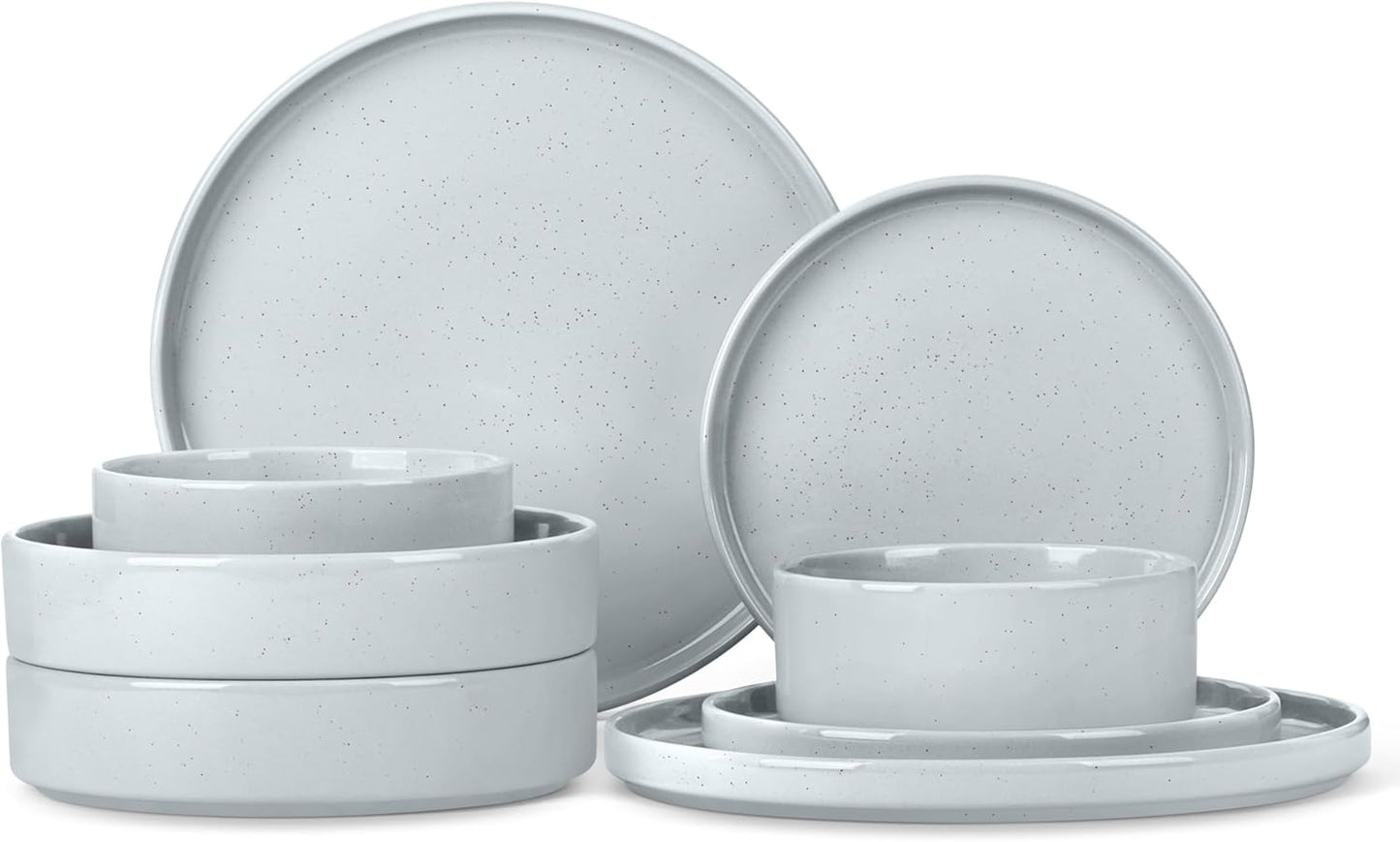 Herogo Stoneware Dinnerware Set with Salad Bowls, 8 Piece Plates and Pasta Cereal Bowls for 2, Kitchen Dinner Dish Set, Dishwasher & Microwave Safe, Speckled Light Gray
