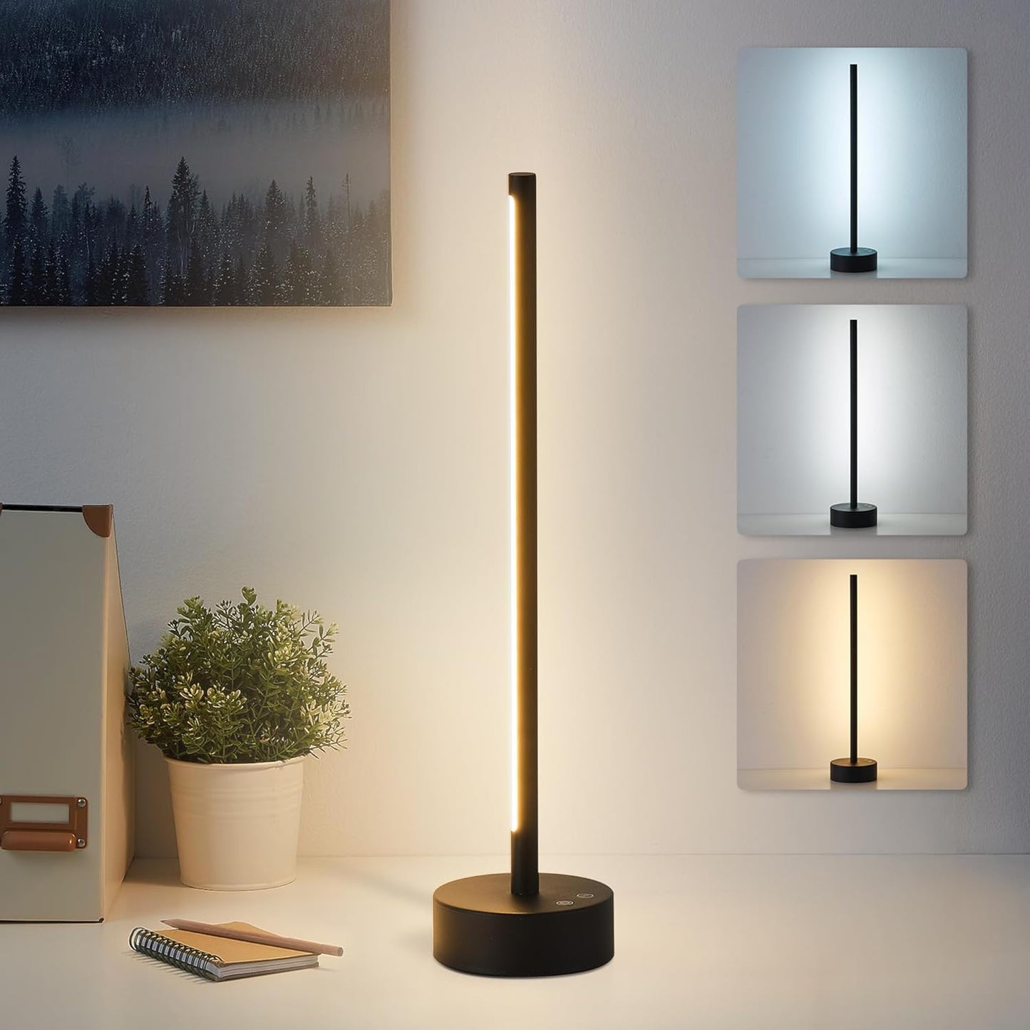 Cordless LED Table Lamp, Battery Operated Portable Desk Lamp,Dimmable/3 Color/Memory Function,Modern Rechargeable Table Light for Living Room,Bedroom,Bedside,Black