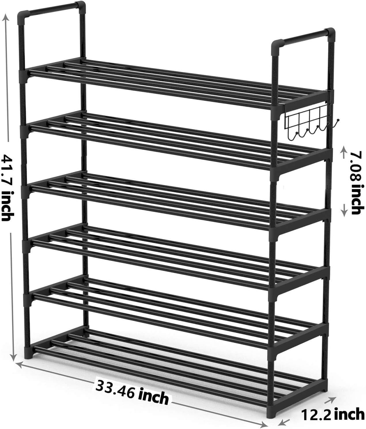 6 Tiers Metal Shoe Rack,Adjustable Shoe Shelf Storage Organizer with Hooks,Stackable Boot & Shoe Storage,for Entryway,Hallway,Closet,Black