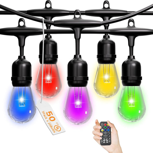RGB Safety String Lights 50FT - Commercial Grade Low Voltage Strand with 20 S14 Shatterproof Bulbs for Tree Garden Yard bistro Cafe | RGB Party Lights & Outdoor Lights | IP65 Waterproof | UL Listed