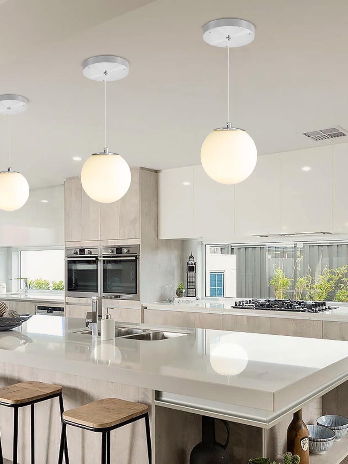 1-Light Modern Globe Pendant Light Fixtures Silver Chandelier with White Globe Glass Dimmable Ceiling Light Glass Pendant Light for Kitchen Island, Dining Room, Living Room, Entry Hallway