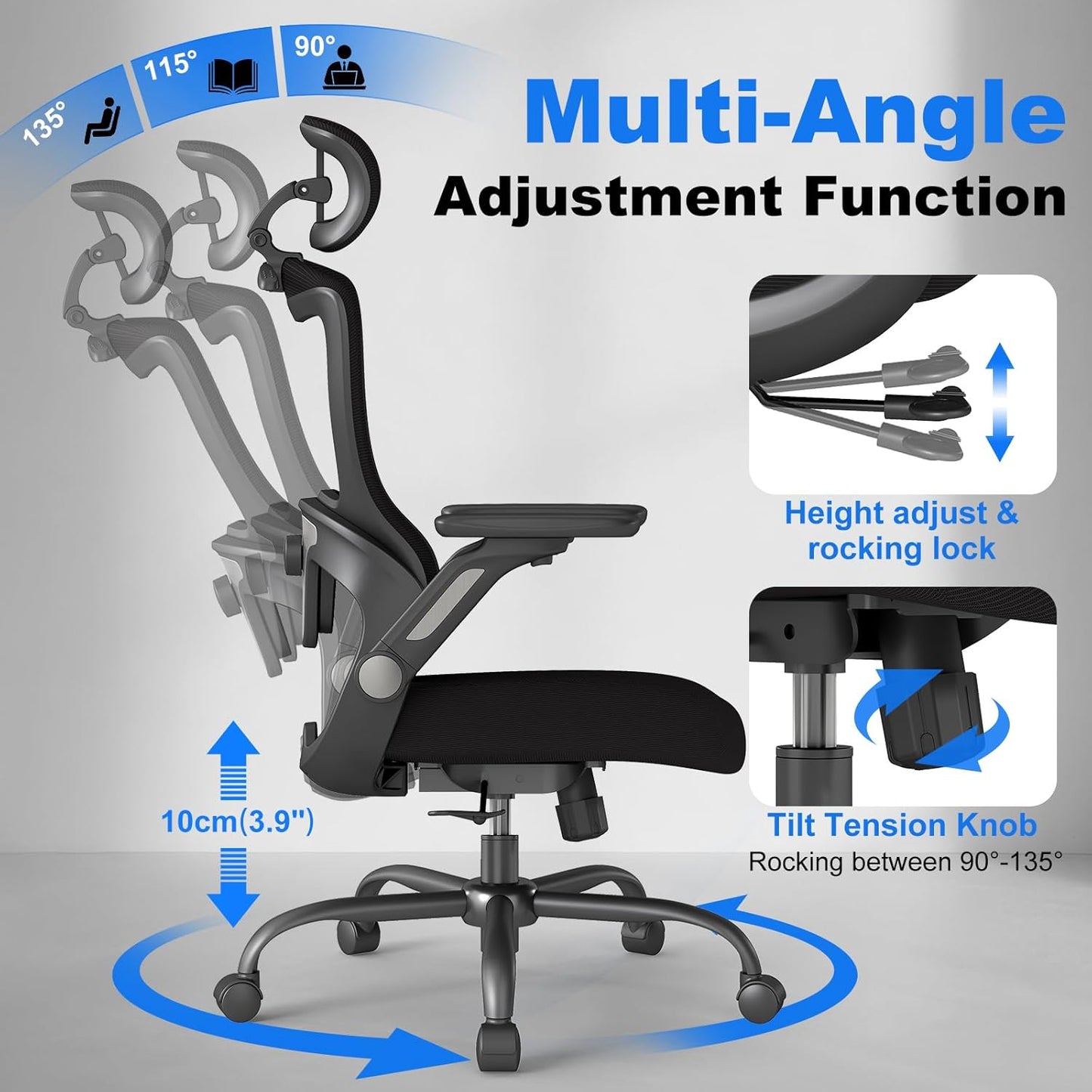 ZZH Ergonomic Office Chair, High Back Home Desk Chair with Adjustable Lumbar Support, Headrest, Flip-Up Arms, 90-135° Tilt Lock and Wide Cushion, Big and Tall Mesh Computer Seating with Wheels