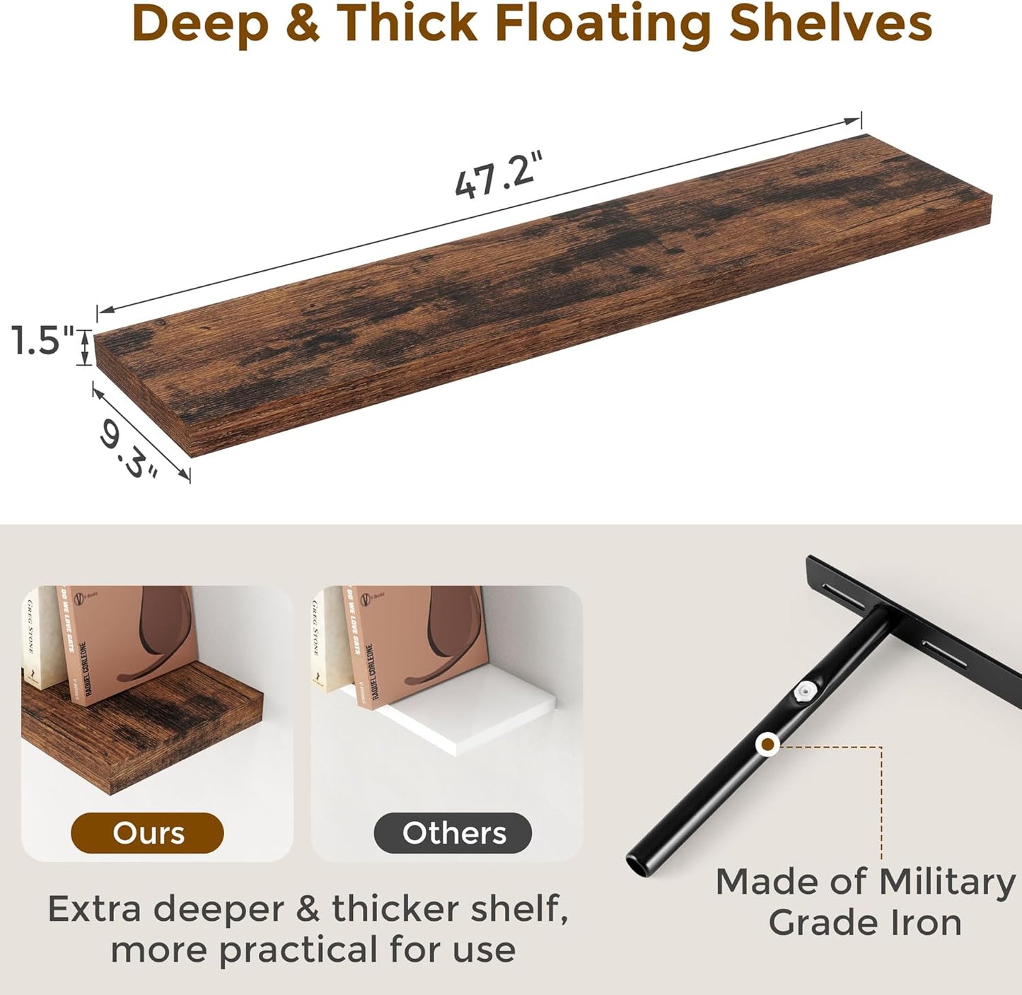 48 Inch Floating Shelves, 9.3 Inch Deep Floating Shelf for Wall, Rustic Wood Wall Shelves 48 x 9.3 x 1.5, Large Bathroom Shelf 48 Inch, Deep Shelves for Kitchen, Bedroom, Rustic Brown Color, 2 Pack