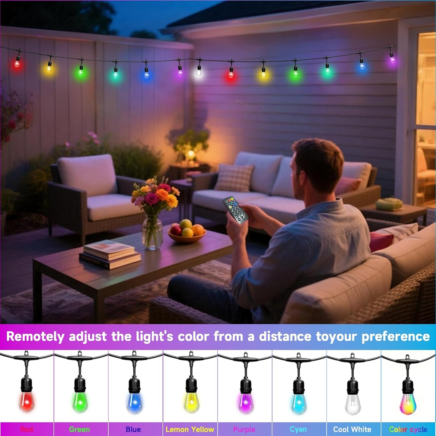 RGB Safety String Lights 50FT - Commercial Grade Low Voltage Strand with 20 S14 Shatterproof Bulbs for Tree Garden Yard bistro Cafe | RGB Party Lights & Outdoor Lights | IP65 Waterproof | UL Listed