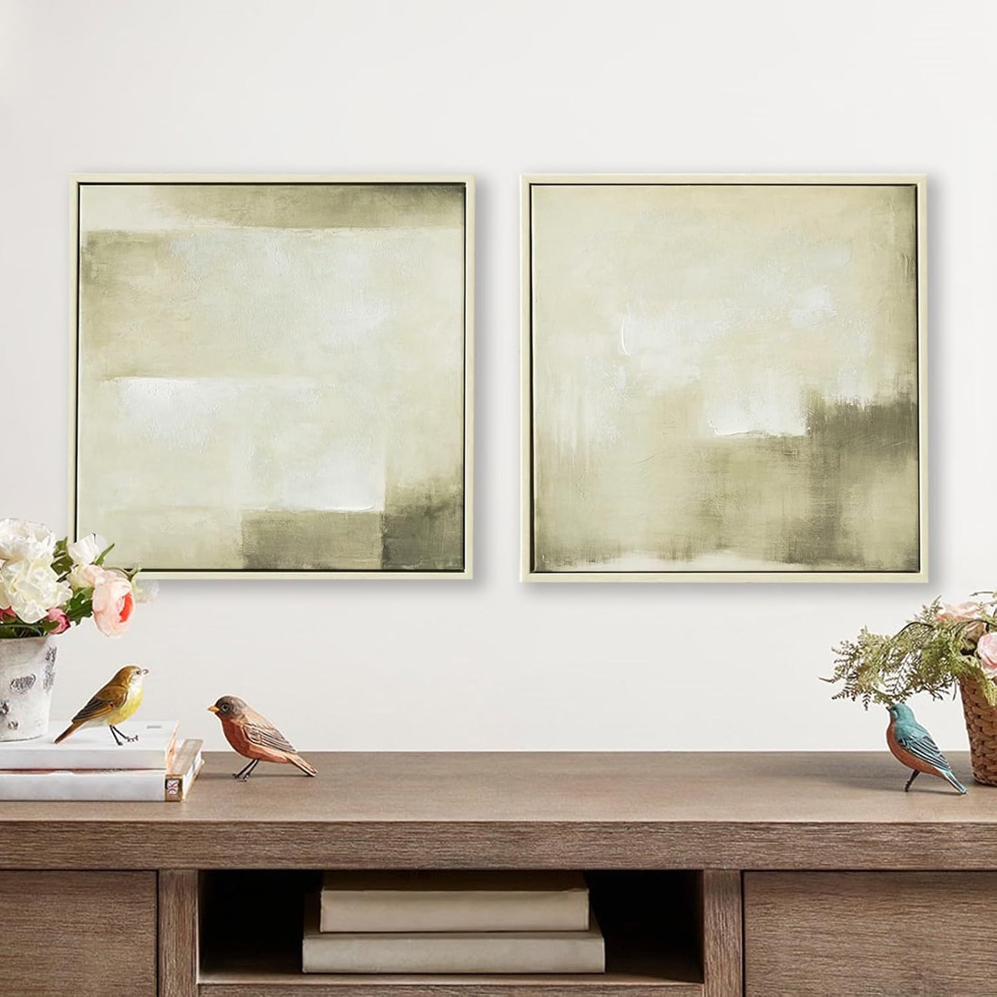 Framed Green Abstract Wall Art, Hand Painted Modern Canvas Print Artwork, Square Minimalist All Green Abstract Pictures for Living Room, Hallway Fireplace Bedroom Home Office Wall Decor 17x17 In 2pack