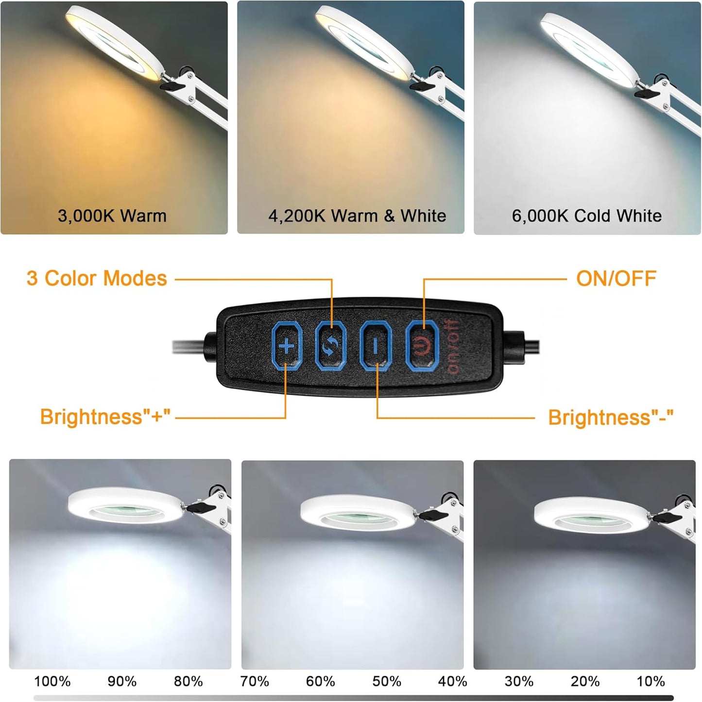 10X Magnifying Glass with Light and Stand, 2-in-1 LED Magnifier Desk Lamp, 3 Color Modes 10 Level Dimmable, Hands-Free Lighted Magnifier for Craft Repair Nail Reading Close Works (White, Base)