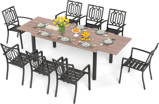PHI VILLA 9 Pieces Outdoor Dining Set for 8, Expandable Wood-Like Metal Table & Wrought Iron Stacking Chairs, Large Long Dining Furniture for Patio, Deck, Backyard, Porch