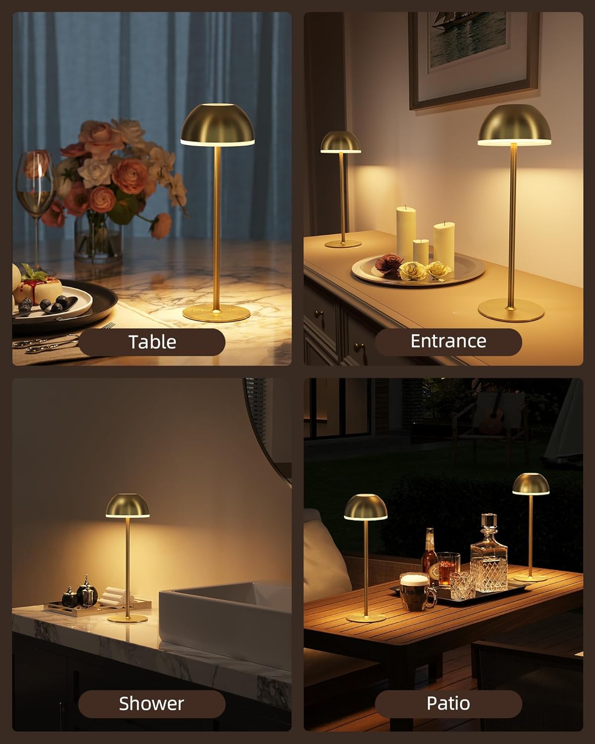 EZVALO Cordless Table Lamp, 2 Pack Rechargeable Battery Operated LED Lamp with Touch Control, Stepless Dimming, Portable Bedside Desk Light for Restaurant, Bedroom, Patio, Nightstand (Gold)