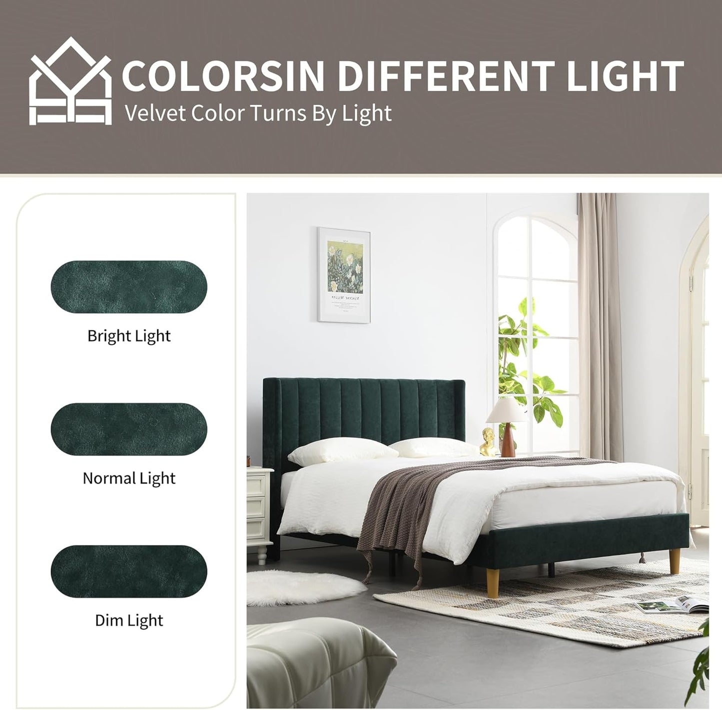 YUHUASHI upholstered Platform Bed Frame/Queen Bed Frame/Modern Geometric Double-Wing Design headboard/Velvet Fabric/Easy to Assemble no Noise (Ink Green, Queen (U.S. Standard))