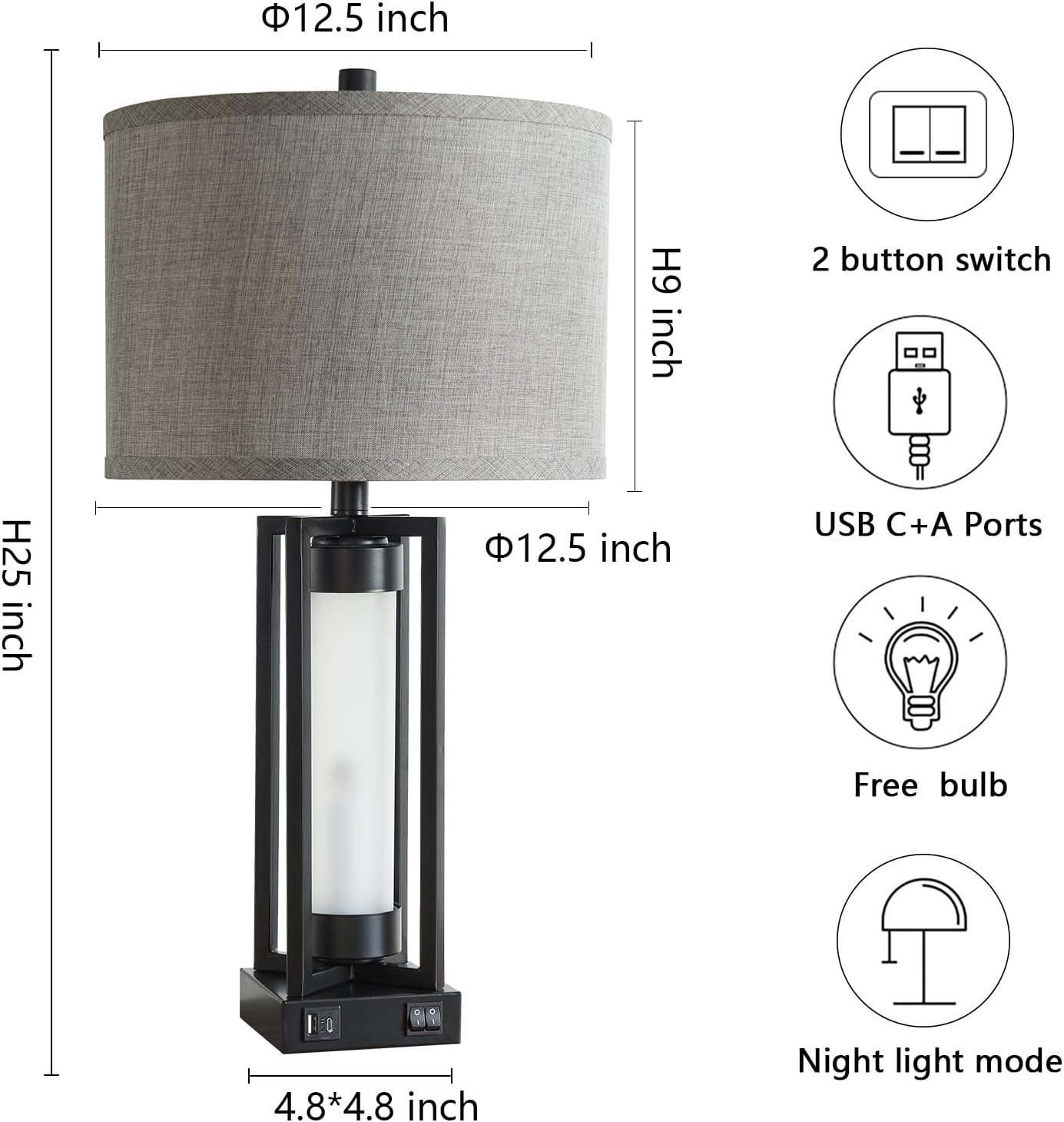 RORIANO Set of 2 Modern Table Lamps for Living Room with USB C+A Ports, Rustic Nightstand Lamp with White Night Light, Retro Desk Lamp for Bedroom End Table Entryway, 4 Bulb Included (Black)