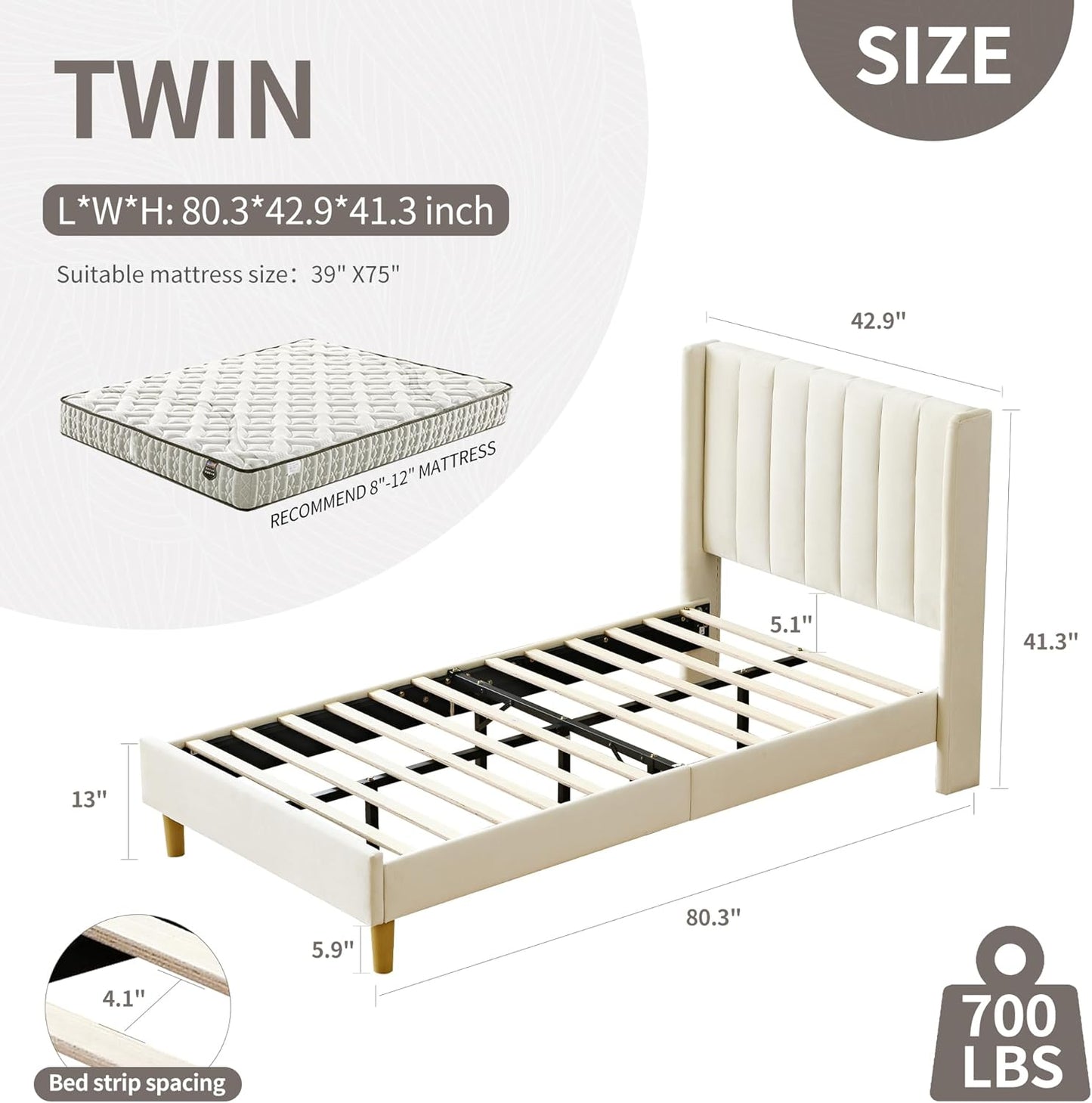 YUHUASHI upholstered Platform Bed Frame/Twin Bed Frame/Modern Geometric Double-Wing Design headboard/Velvet Fabric/Easy to Assemble no Noise (Cream, Twin)
