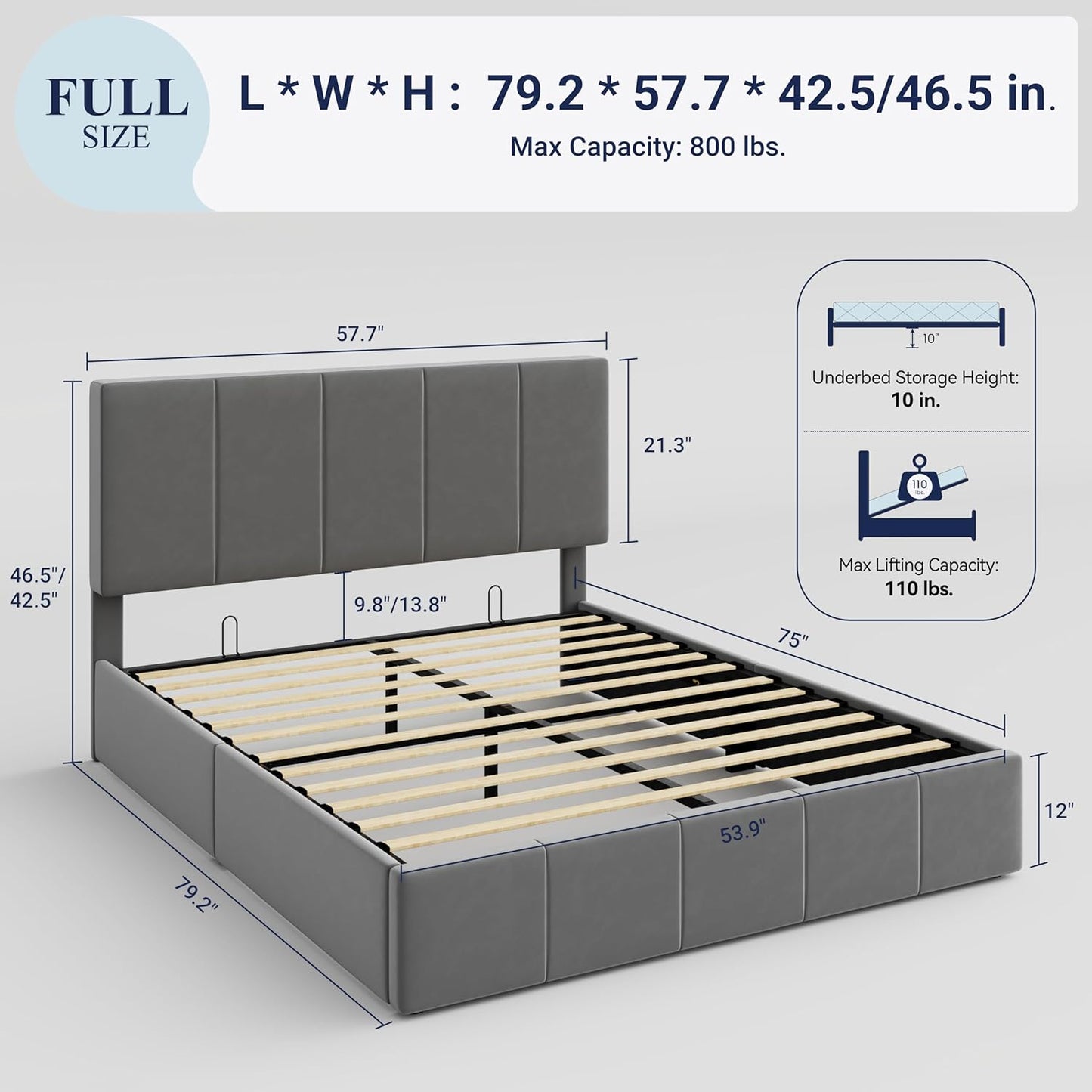 Allewie Full Size Velvet Lift Up Storage Bed Frame, Vertical Channel Tufted Headboard, Hydrualic Underneath Storage, Upholstered Platform Bed, Wooden Slats Support, No Box Spring Needed, Gray