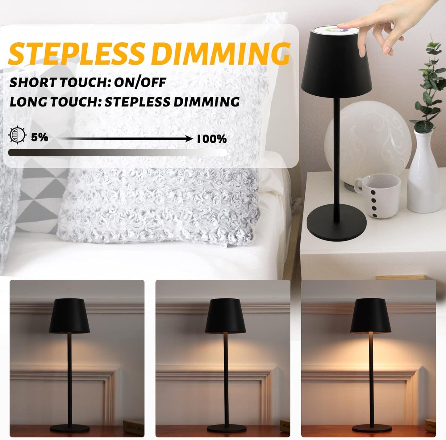 Maksone 2 Pack RGB Cordless Table Lamp, 6600mWh Rechargeable Battery Desk Lamp, 3000K Stepless Dimming and Led Color Changing Night Light, IP54 Waterproof Outdoor Portable Lamp for Patio (Black)