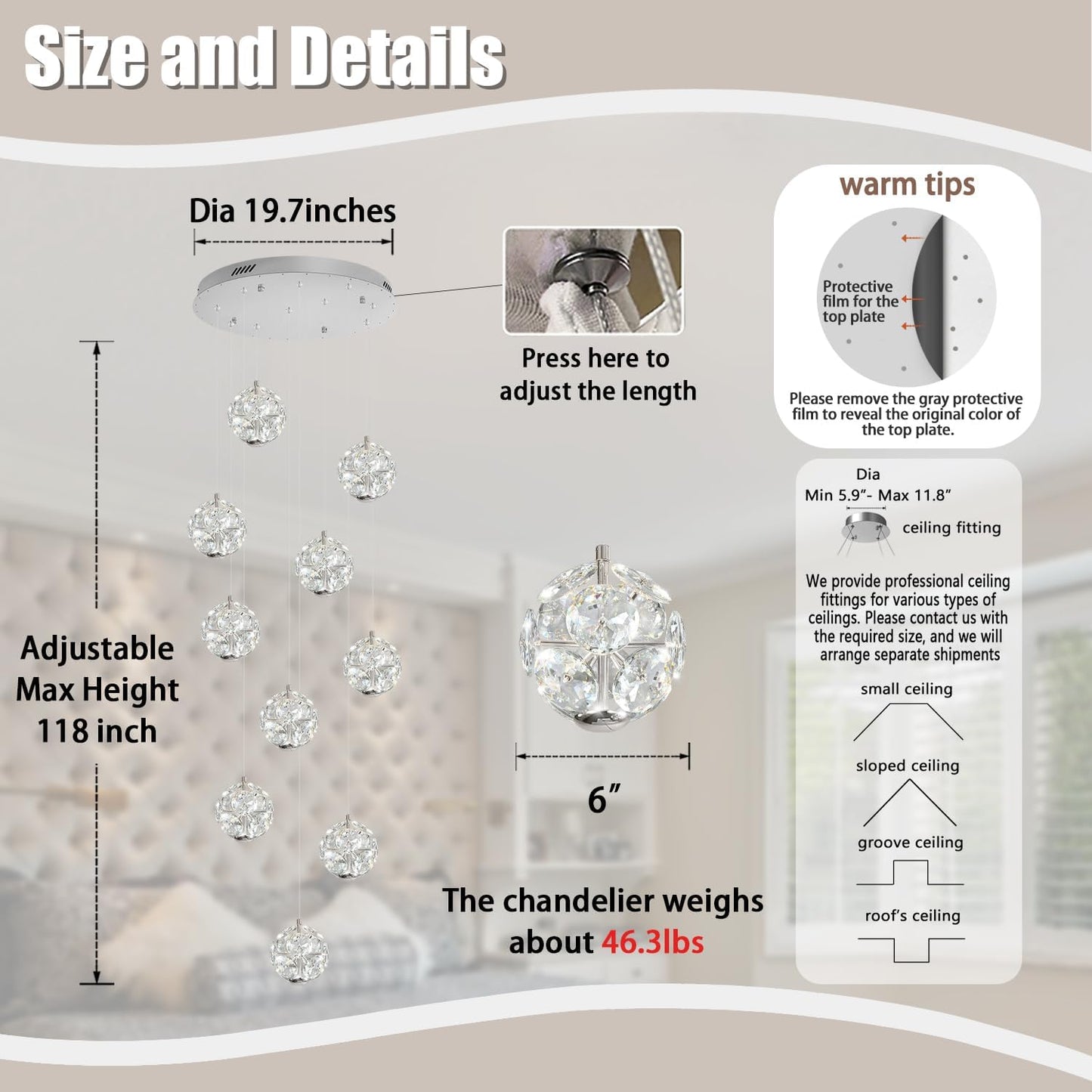 10-Light LED Staircase Modern Pendant Light Silver Crystal Ball Chandeliers Large Chandeliers for High Ceilings, Entryway Lighting Fixture Villas and Stairs