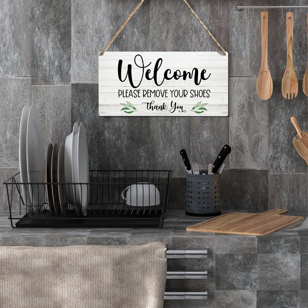 Front Door Welcome Sign, Please Remove Your Shoes Signs, No Shoes Sign for Home, Wooden Hanging Plaque 12 x 6 Inch, for Office Bedroom Living Room Home Decor Gifts