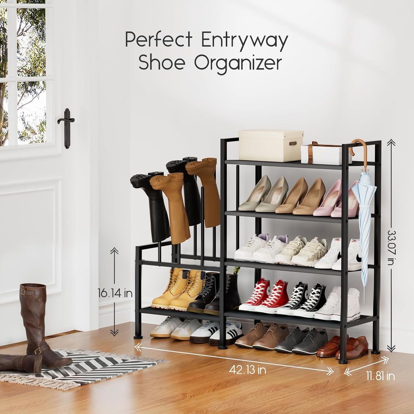 Shoe Rack Organizer and Storage - 4 Tier Metal Shoe Rack with Boot Storage & Side Any Combination - Space Saving Shoe Shelf for Entryway, Bedroom, Closet, Garage, Small Spaces