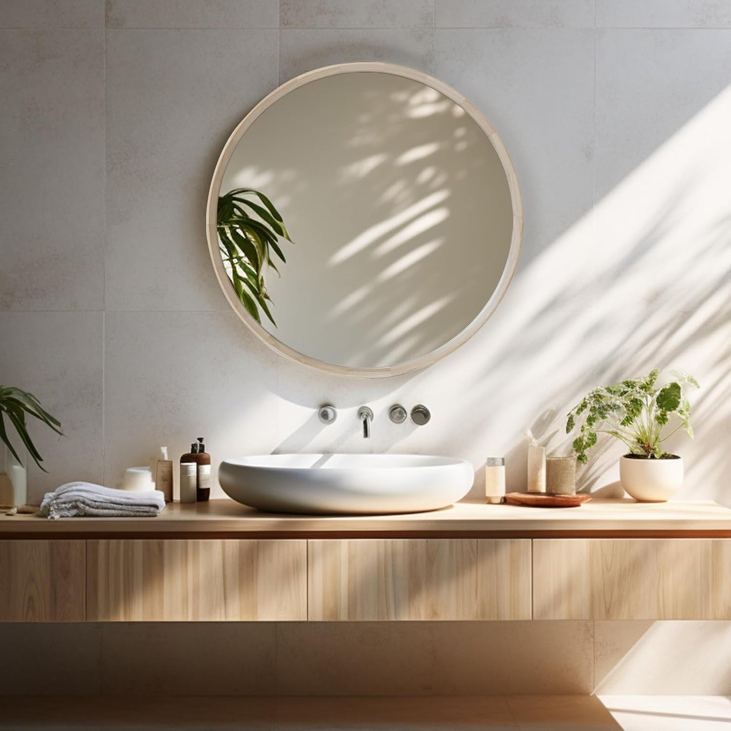 Natural Wood Round Mirror, 24 Inch - Large Wall Circle Mirror for Bathroom or Nursery Decor