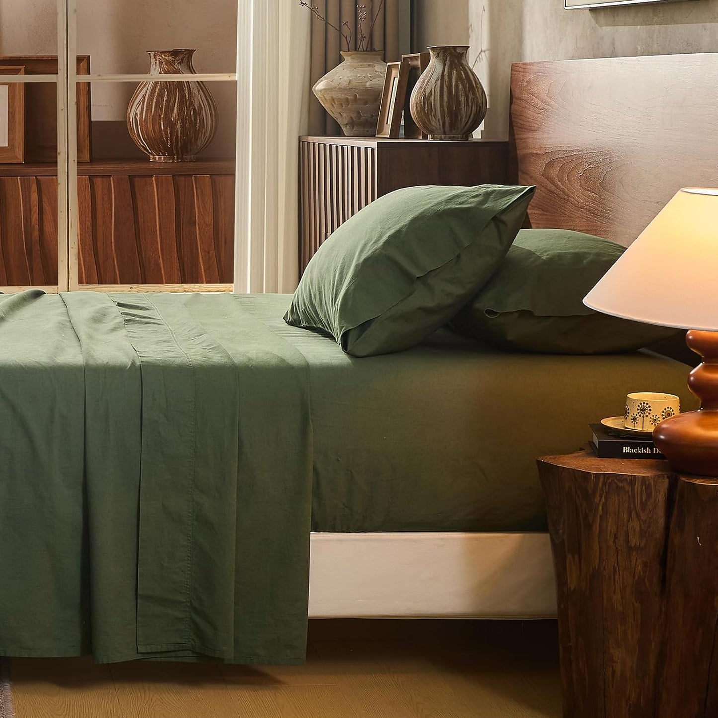 100% Linen Sheet Set Cal King Size Extra Deep Pocket Fits 18-24 Inch Mattress, Breathable & Soft, Smooth 4-Piece Set for Thick Mattresses Hotel Luxury Bedding（Cal King, Forest Green）