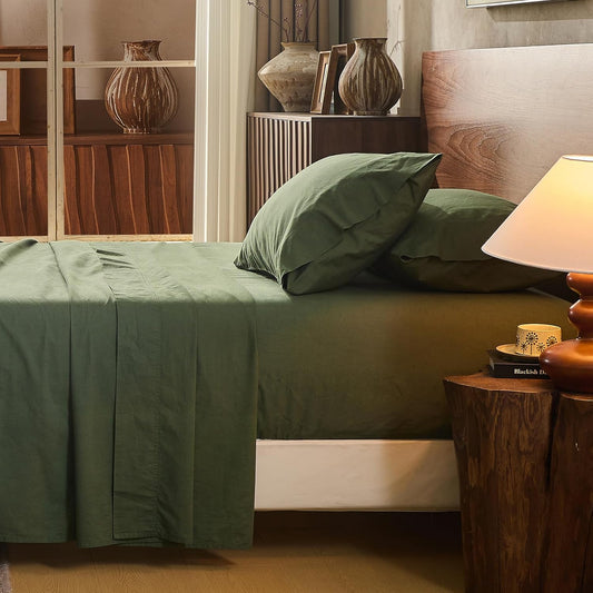 100% Linen Sheet Set Cal King Size Extra Deep Pocket Fits 18-24 Inch Mattress, Breathable & Soft, Smooth 4-Piece Set for Thick Mattresses Hotel Luxury Bedding（Cal King, Forest Green）