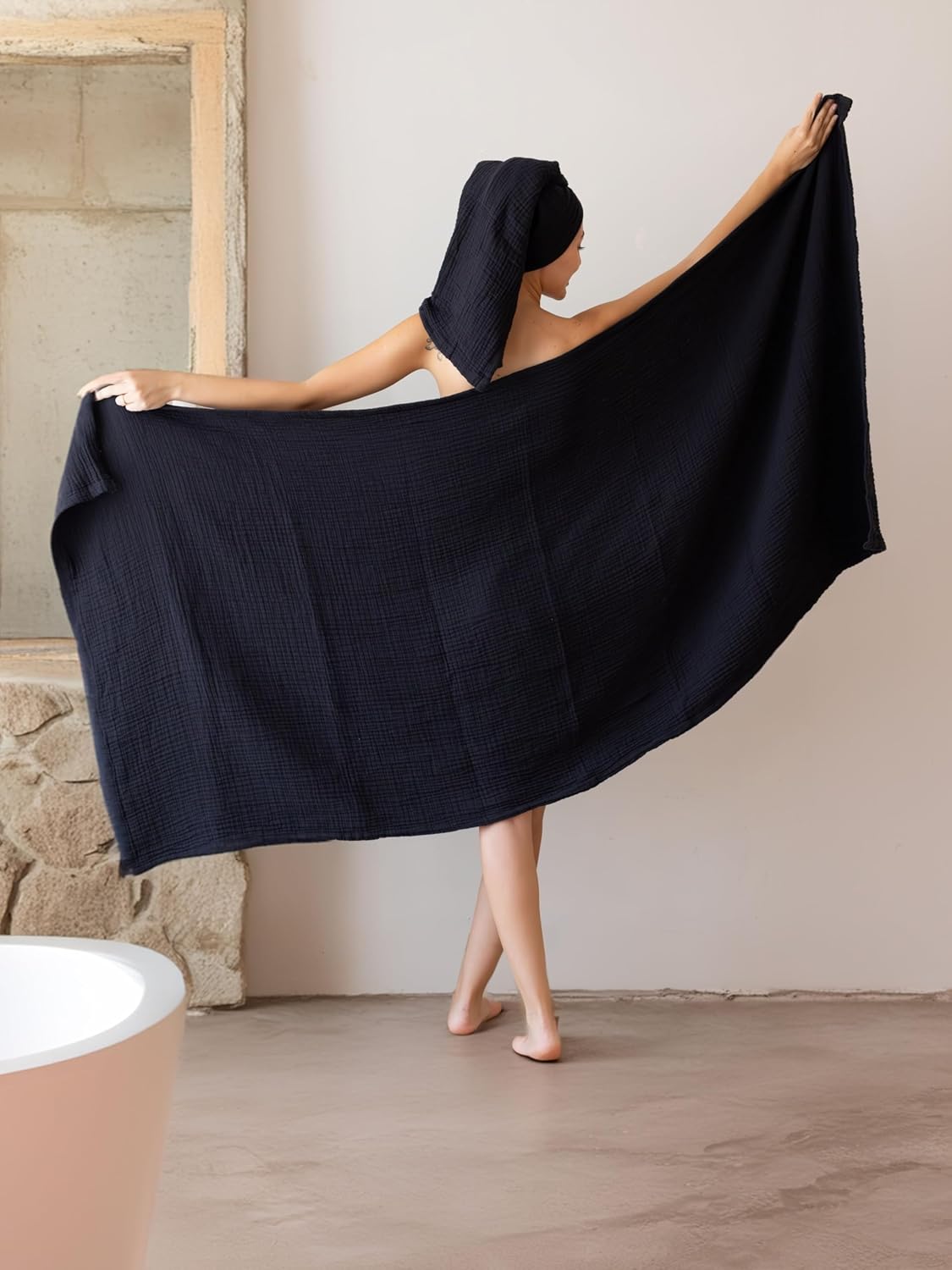 Muslin Bath Towel Pack of 2 32"x67" Inch Large Size, 100% Turkish Cotton, Thin, Soft, Quick-Dry, Lint-Free Bath Towels (Black, Pack of 2 Bath Towels)
