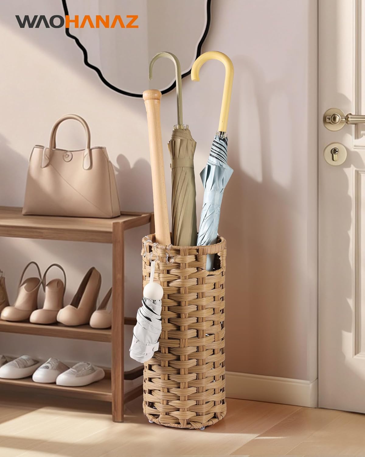 Rattan Umbrella Stand, Umbrella Holder for Entryway, Hand Woven Umbrella Rack Organizer Freestanding, with a Detachable Drip Tray, 4 Hooks, 7.5" L x 7.5" W x 16.5" H