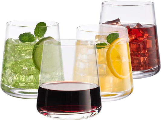 Crystal Stemless Wine Glasses Set of 4, 13.5 oz Hand-blown Drinking Glasses for Red and White Wine, Universal Drinking Glasses for Juice and Water, Thickened Base & Dishwasher Safe