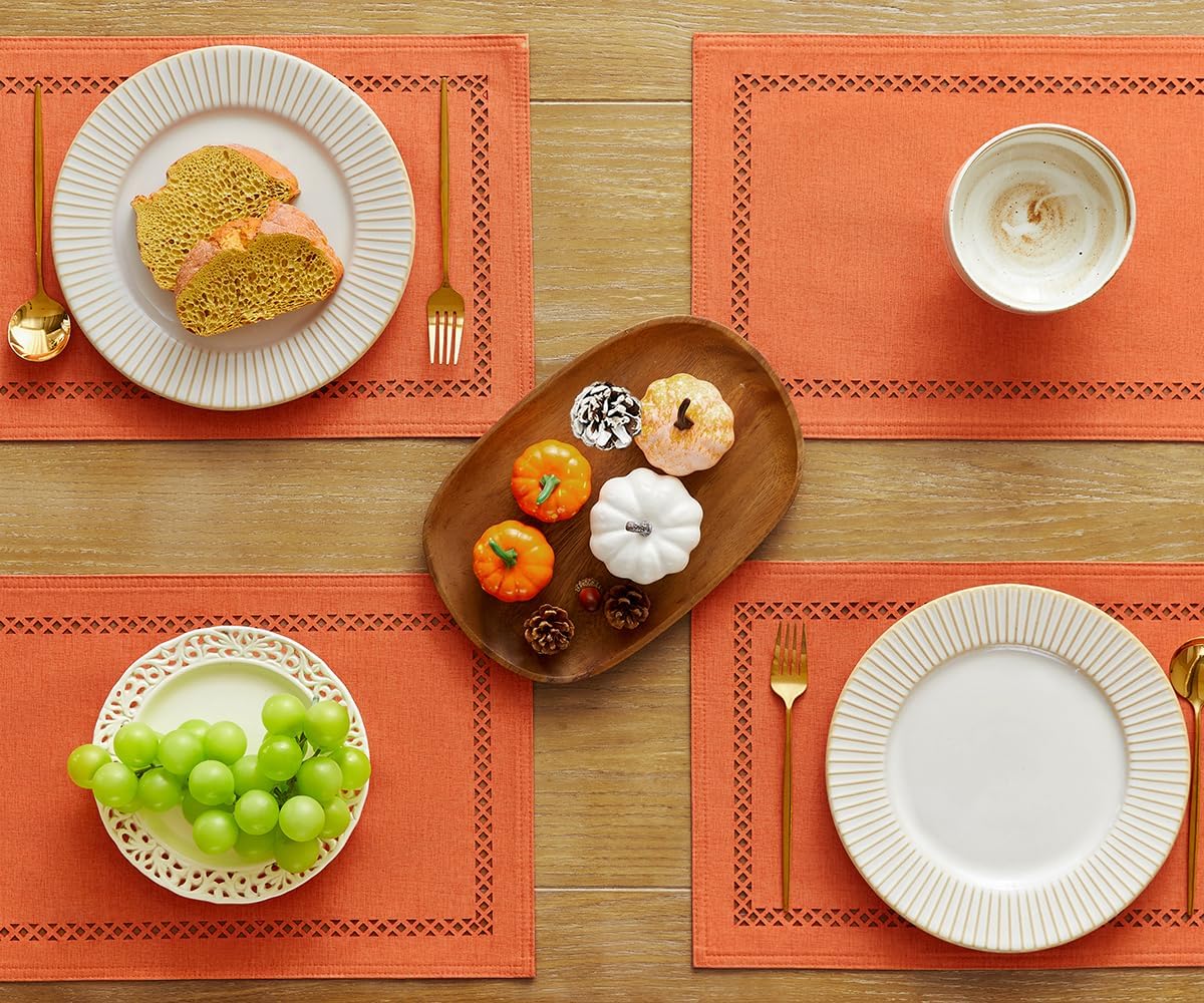 Fall Placemats Set of 4, 12 x 18 Inch Rustic Geometric Hollow Place Mats, Orange Heat Resistant Placemats for Autumn Thanksgiving Farmhouse Table Decor, Orange 4PCS