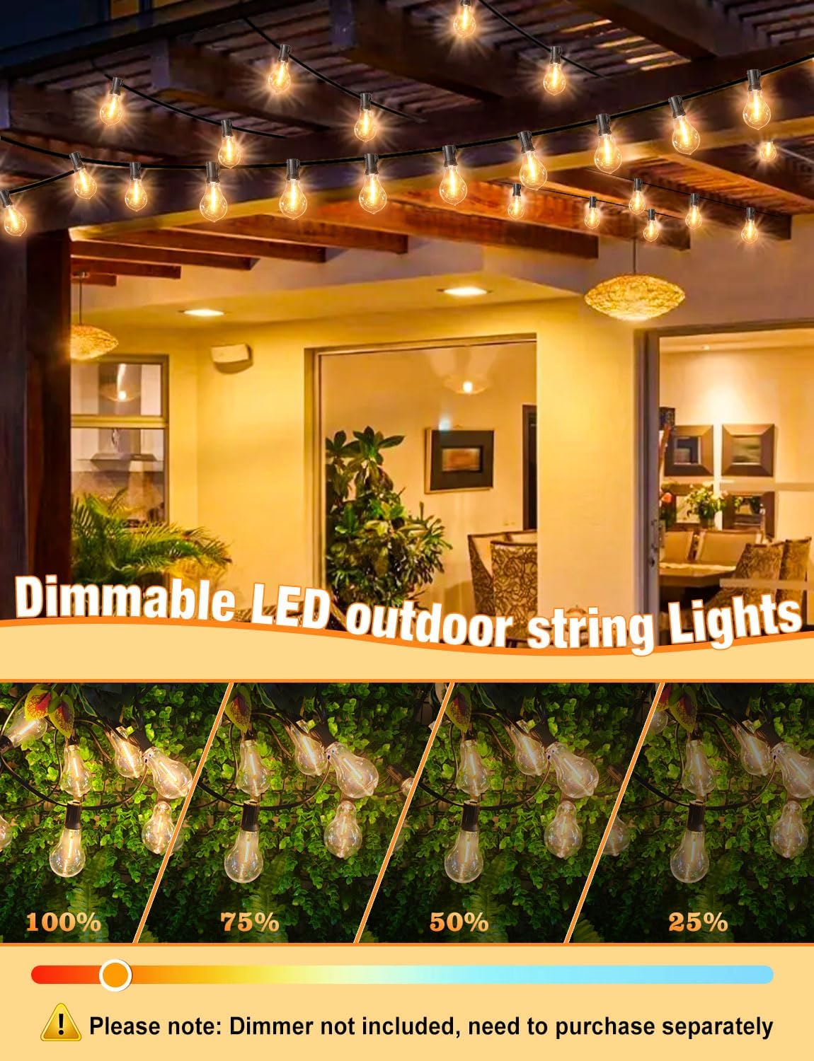 String Lights for Outside 120ft Waterproof with 60+3pcs A39 Shatterproof Edison Bulbs Outdoor String Lights for Patio, Yard, Cafe, Bistro, Market, Warm White 2200k
