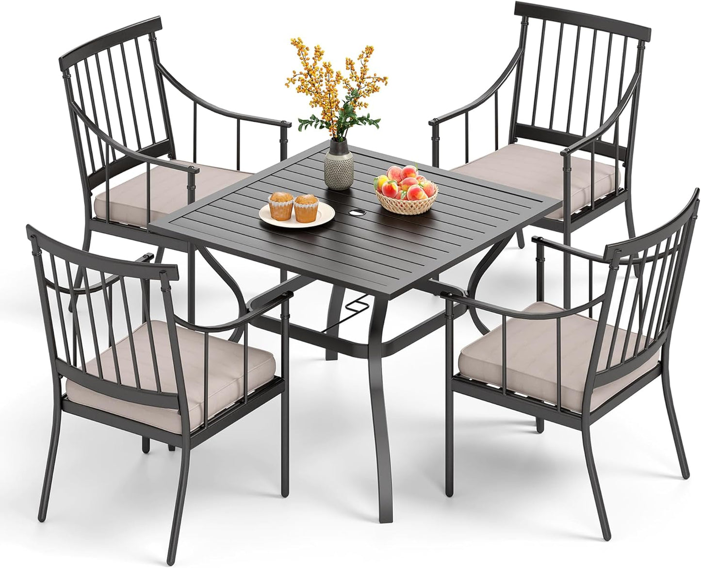 PHI VILLA 5 Piece Outdoor Dining Set with Cushion, 37” Square Metal Dining Table with Umbrella Hole & 4 Cushioned Steel Chairs for Patio, Deck, Yard
