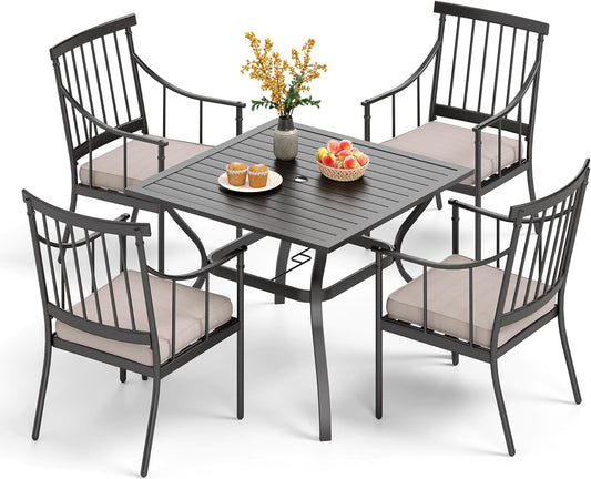 PHI VILLA 5 Piece Outdoor Dining Set with Cushion, 37” Square Metal Dining Table with Umbrella Hole & 4 Cushioned Steel Chairs for Patio, Deck, Yard