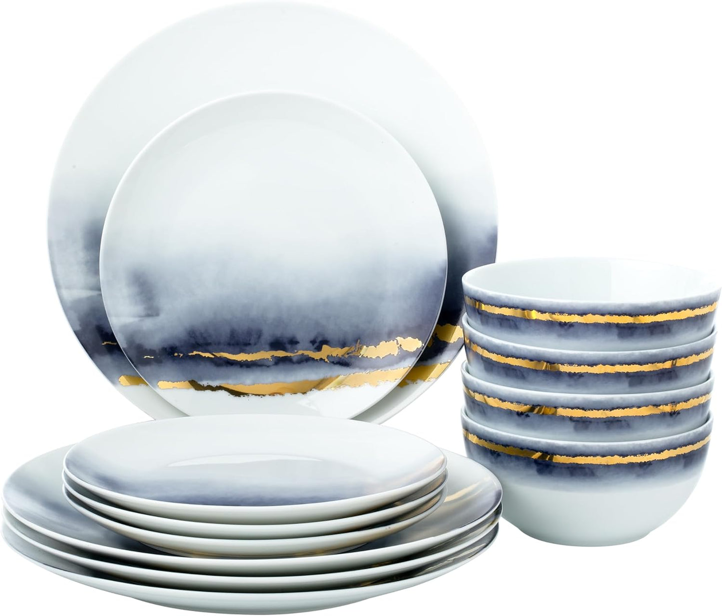 Joseph Sedgh Collection “Lazuli” 12-Piece Porcelain Dinnerware Set, Service for 4, Blue and Gold