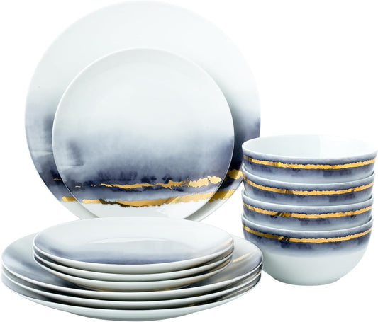 Joseph Sedgh Collection “Lazuli” 12-Piece Porcelain Dinnerware Set, Service for 4, Blue and Gold
