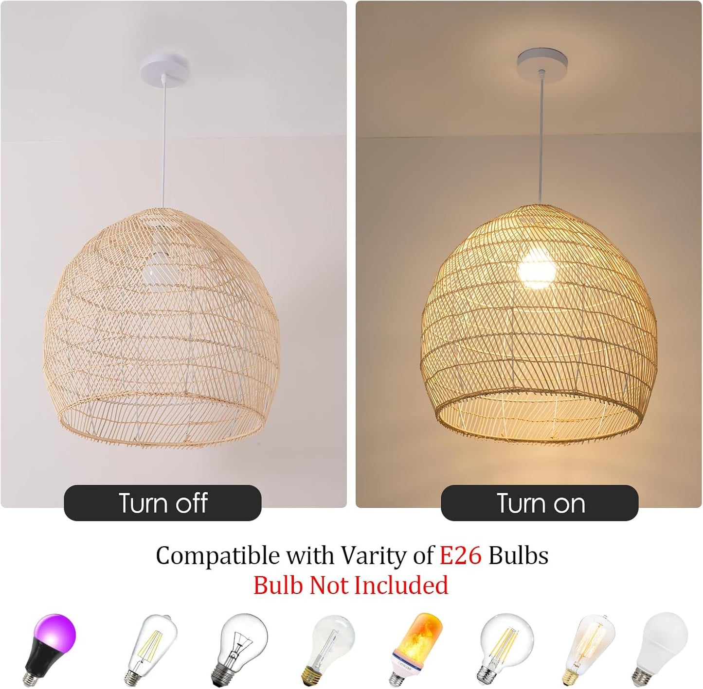 1-Light Rattan Pendant Light,13.78" Hand-Woven Bamboo Rattan Hanging Light Wicker Chandelier for Kitchen Island Restaurant Craft Room Farmhouse