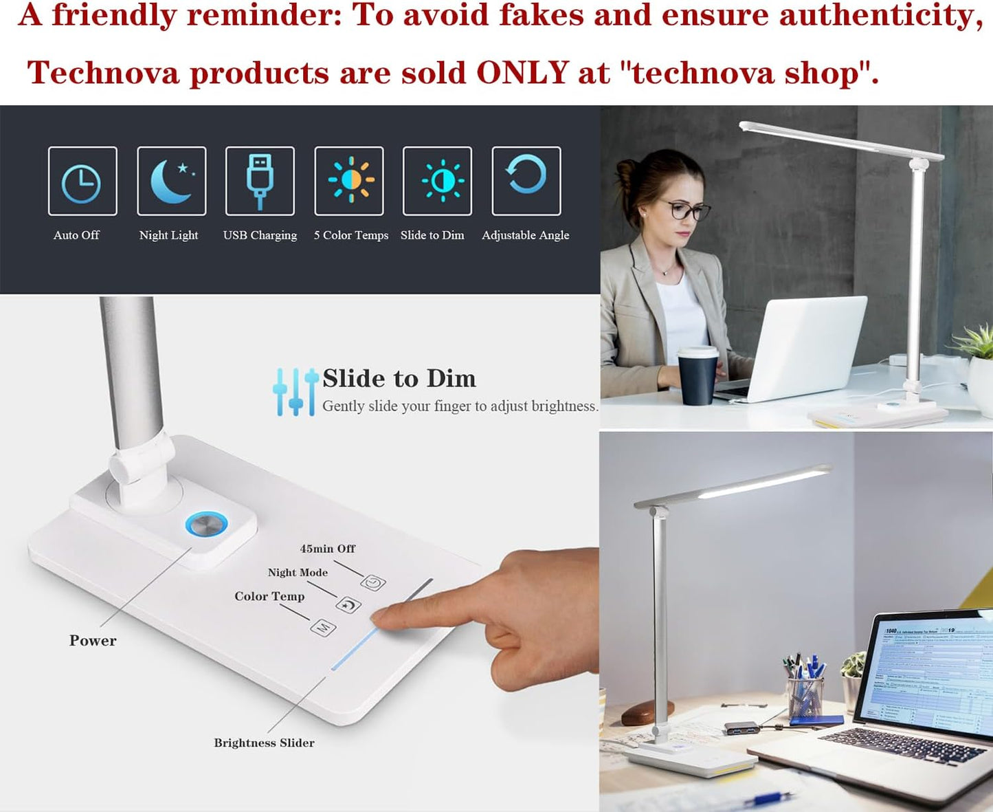TECHNOVA LED Desk Lamp with 5 Color Temperatures | Sliding Stepless Dimming & One-Touch Timer | Foldable & Portable Design for Office/Study/Nail Art | USB Charging & Four-Axis Rotation for Small Desks